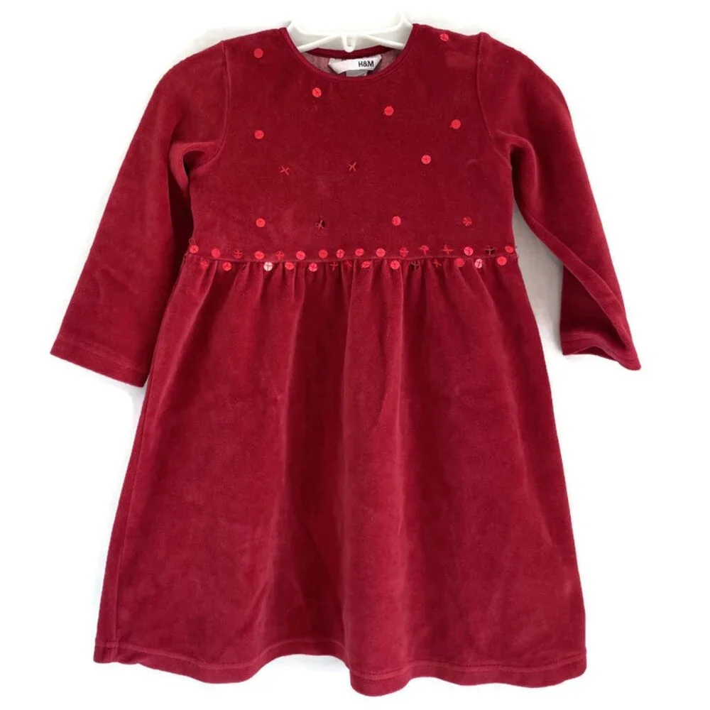 H&M Girls Long Sleeve Slip On Dress of Brick Red Velvet Size 3-4Y